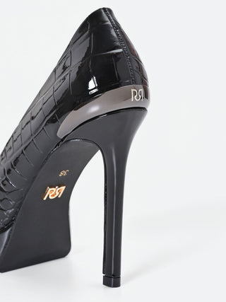 Black Croc-Embossed Platform Pumps