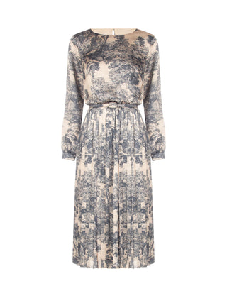 Robe midi grise avec jupe plissée et imprimé