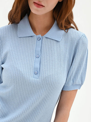 Rippstrick-Poloshirt in Hellblau
