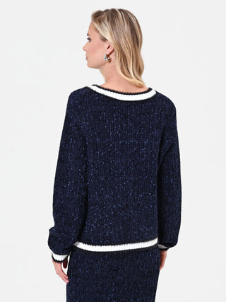 Navy Blue Knit Cardigan with Contrast Trim