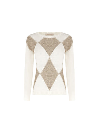 Cream White Diamond-Patterned Wool Sweater