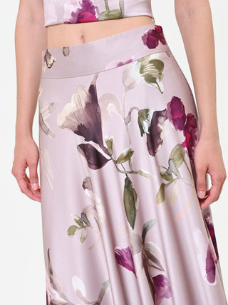 Gonna lunga in raso stampa floreale tortora beige