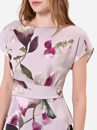 Blusa in raso tortora beige con stampa floreale