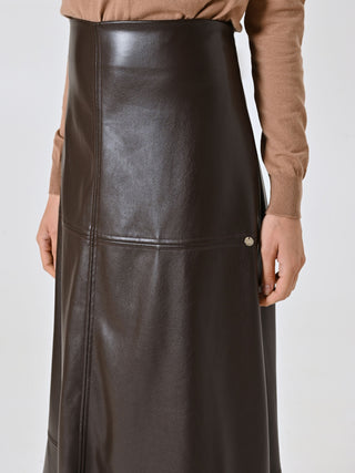 Jupe midi chocolat en simili cuir