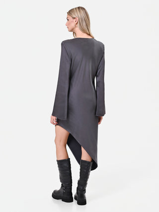 Charcoal grey asymmetrical midi dress with appliqué
