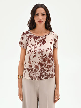 Satinbluse mit floralem Print in Schokoladenbraun