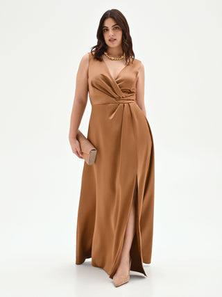 Abito curvy lungo marrone bronzo con scollo drappeggiato