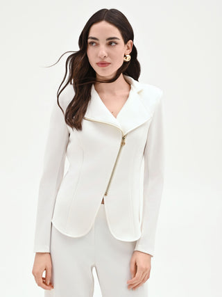 Fitted White Jacket with Asymmetrical Zip