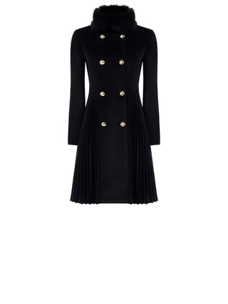 Black Pleated Coat with Fur Collar