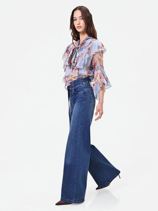 Jeans blu a vita alta con cintura gamba ampia