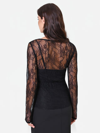 Blusa nera in pizzo con fodera a cuore