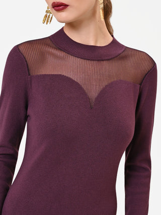 Abito tubino in viscosa bordeaux con inserto in mesh