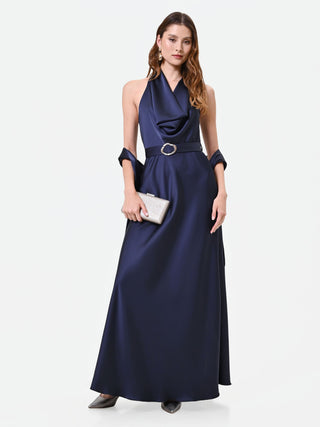 Abito lungo blu navy con scollo all'americana drappeggiato