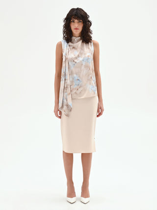 Sky blue top with watercolor print and scarf neck