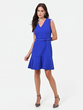 Abito smanicato blu cina con balza