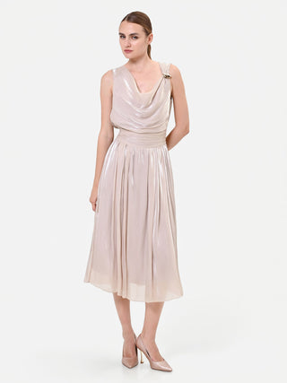Taupe Beige Draped Neckline Midi Dress