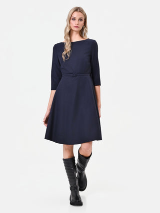 Navy Blue Belted Midi Dress with Flared Skirt