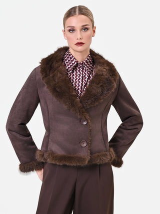 Dark Brown Short Jacket with Faux Fur Details
