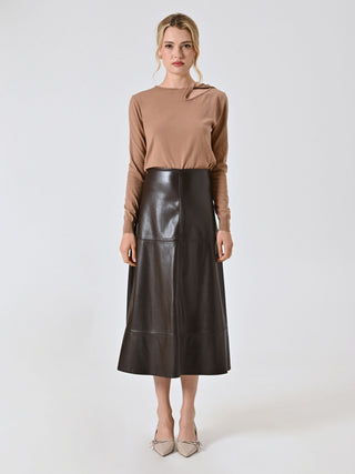 Jupe midi chocolat en simili cuir
