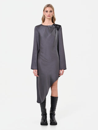 Charcoal grey asymmetrical midi dress with appliqué