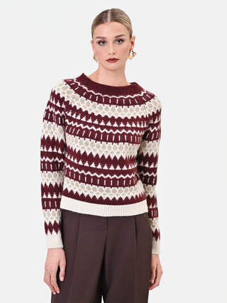 Pull bordeaux en jacquard à motif géométrique