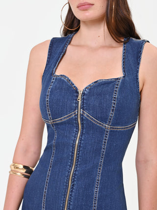 Exposed-Zip Blue Denim Mini Dress