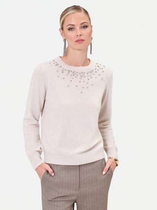 Maglia in viscosa tortora beige con applicazioni gioiello