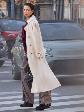 Beige Oversized Double-Breasted Coat with Epaulettes