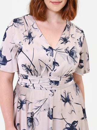 Abito Curvy  lungo a fiori blu navy in raso