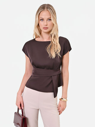 Blusa moro marrone in raso con dettaglio incrociato