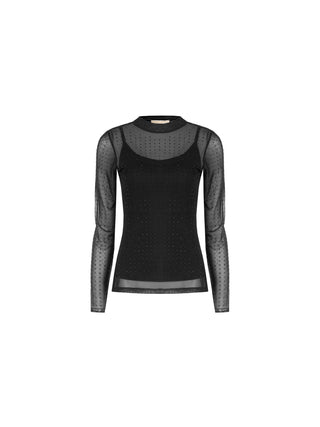 Black Layered Tulle T-Shirt with Rhinestones