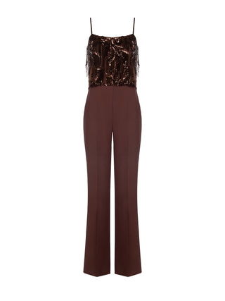Jumpsuit in Schokobraun mit Pailletten und Fransen