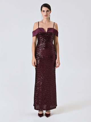Abito Lungo Bordeaux Paillettes All Over