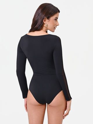Black long-sleeve microfiber bodysuit with tulle insert