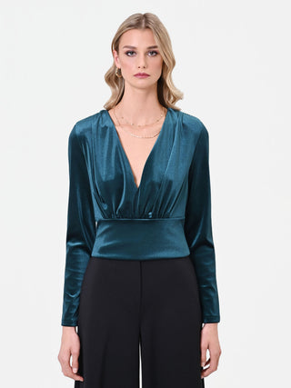 Blusa verde petrolio con incrocio a portafoglio