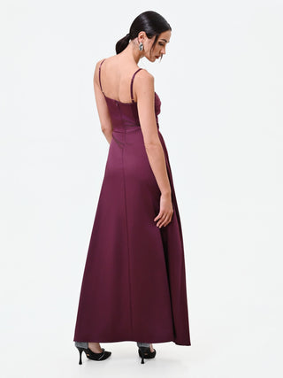 Abito lungo bordeaux con maxi fiocco