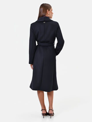 Cappotto lungo blu con collo a scialle