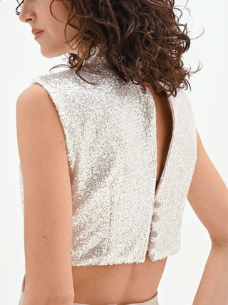 Long taupe beige dress with sequined bodice