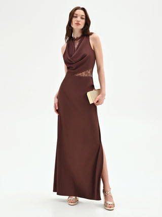 Chocolate long dress with draped neckline and lace