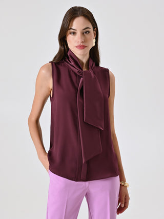 Burgundy Top with Bow and Sewn Pleats