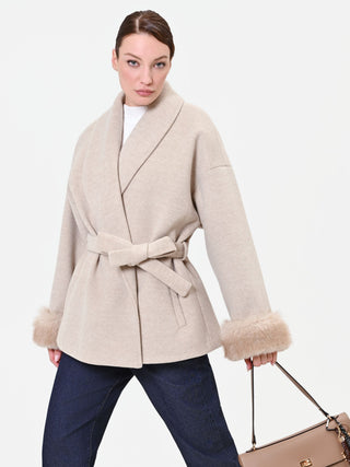 Cappotto corto a vestaglia tortora beige misto lana