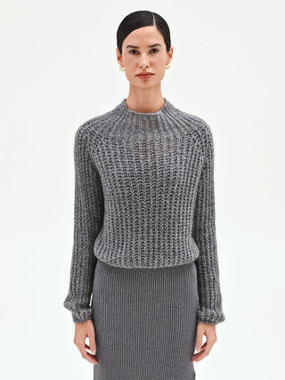 Maglia a collo alto grigia con filato lurex