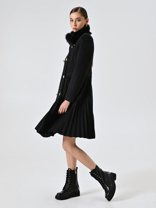 Black Pleated Coat with Fur Collar