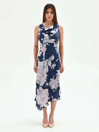 Midikleid in leuchtendem Blau mit floralem Print