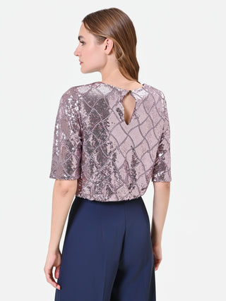 Blusa rosa antico in paillettes con disegno a rombi