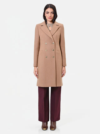 Beige Camel Double-Breasted Coat with Gold Buttons