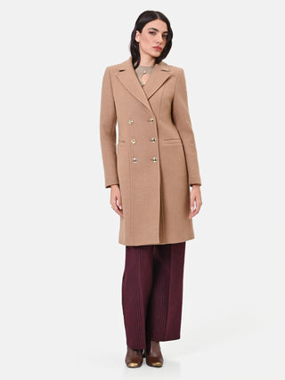 Beige Camel Double-Breasted Coat with Gold Buttons