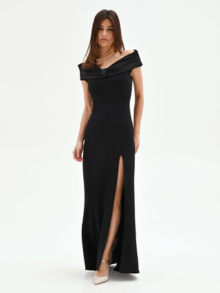 Schwarzes Maxikleid mit Drapé-Ausschnitt
