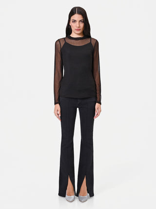 T-shirt nera doppiata in tulle con strass