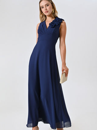Long Blue Dress with Raised Floral Decoration